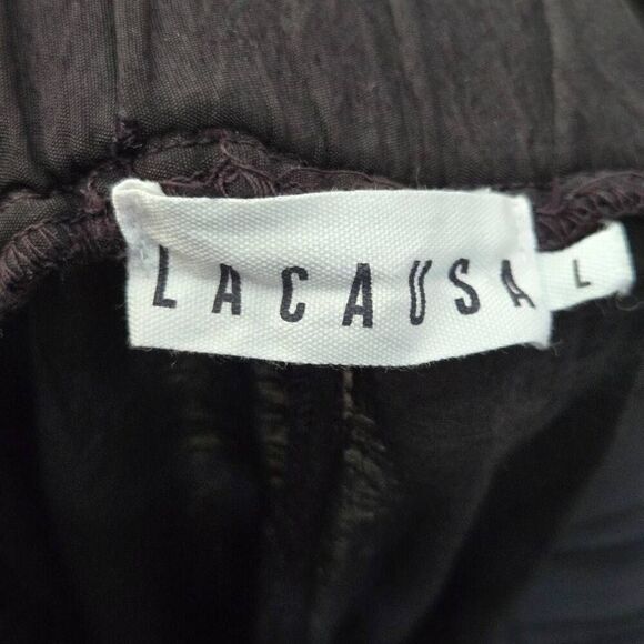 Lacausa Cropped Pants Size Large Ruffle Cuffs Thin Black Drawstring - Picture 7 of 8